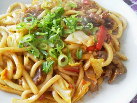 牛肉で代用～ホルモンうどん風